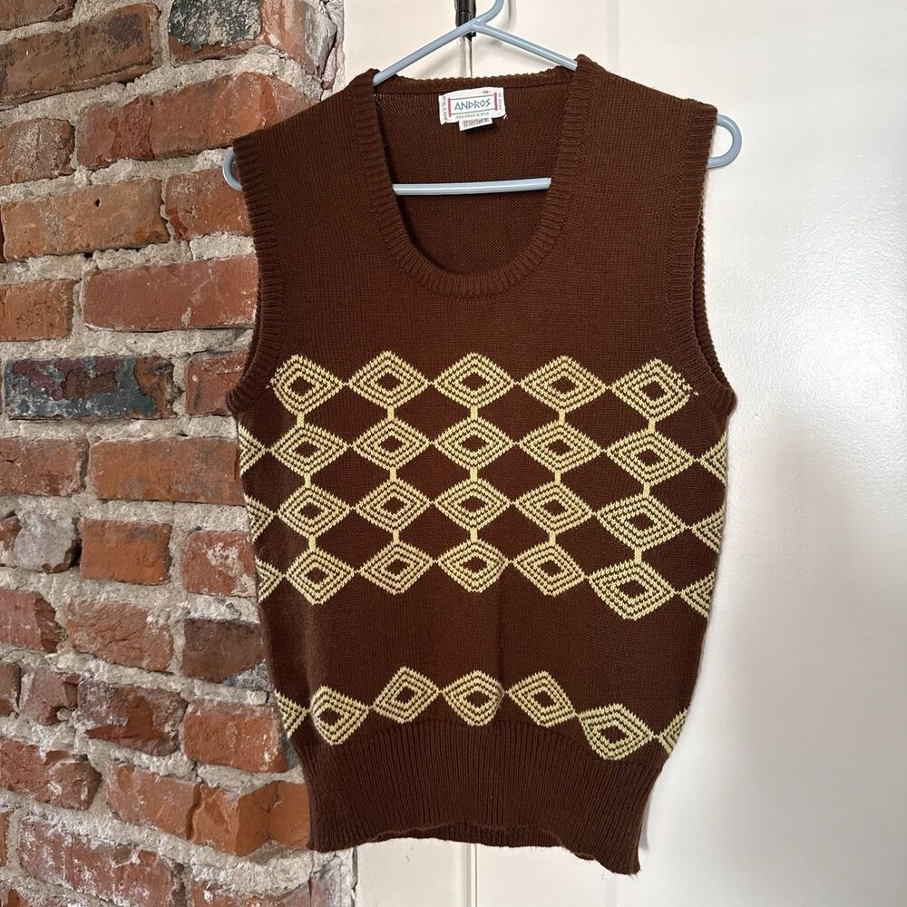 Vintage 80s Andros Men’s M Crew Neck Virgin Acrylic Vest Brown Yellow Geometric